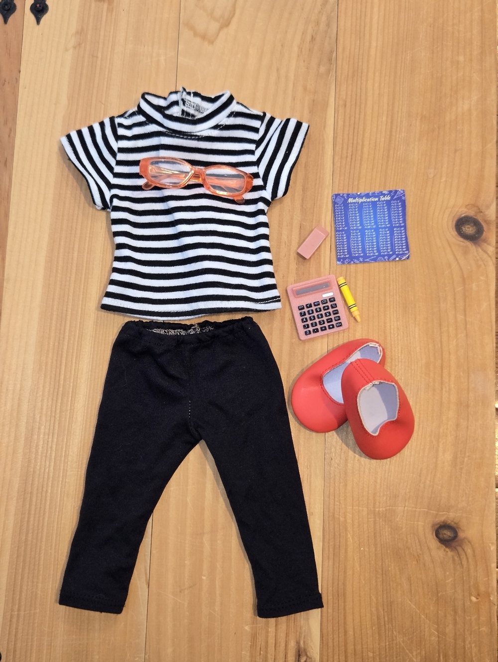 18" Doll Outfit-Black & White Striped Top, Black Leggings, Red Shoes & glasses